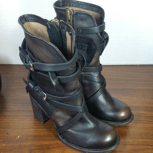 Freebird BAKER Leather Boots Black Brown Side Zip Strappy Belted Boho Size 6